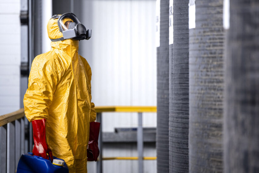 man in hygienic suit inspecting industrial area